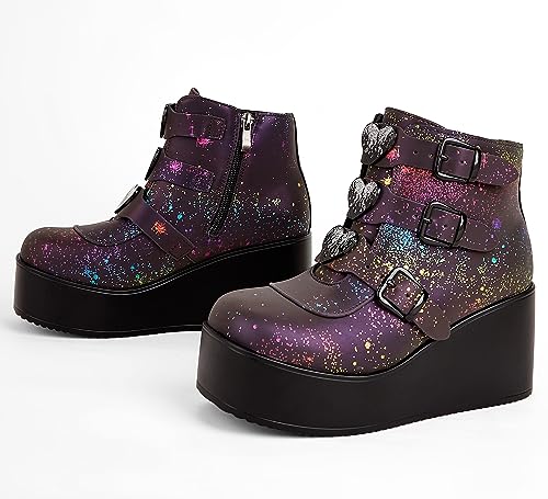 LUCKY STEP Women Platform Chunky Ankle Boots - Round Toe Zipper Wedges High Heels Rave Buckle Thick Sole Goth Booties4