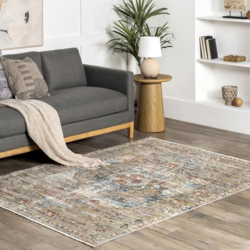 nuLOOM Marley Beige/Ivory, 5' Square, Traditional Medallion Fringe, Soft and