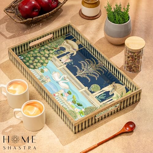 Image of Swan Wooden Serving Tray with Gold Engraving | Pack of 1 | Size : 16 x 10 inch | Enamel Coated Waterproof | Rectangular | Swan Large