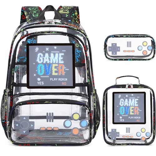 Clear Backpack for Boys, Clear Gamer School Backpack Heavy Duty with Lunch Bag and Pencil Case, Transparent See Through Bookbag Stadium Approved for Teen Boy Kids Elementary Middle High School