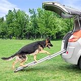 Hunderampe Auto Klappbar- Teleskop Alu Rampe für große Hunde - Stabile Hundetreppe Auto & SUV - rutschfest - Reflektierende Seiten - Hundeleiter Auto - 90kg Belastbarkeit - Befestigungsclip - Grau