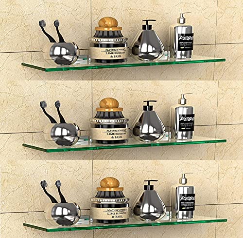 Image of Creative Arts n Frames Set of 3 Multi Purpose Polished Glass Shelves, Wall Mount Shelf for Bathroom, Bedroom, Living Room, Office and Kitchen (Silver)