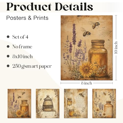 Image of WEFKODO Vintage Honey Bee Floral Wall Art, Retro Bee Decor for Home Bathroom Bedroom Kitchen Farmhouse, Summer Flower Vintage Pictures Wall Decor Posters Prints Set of 4, 8x10 Unframed