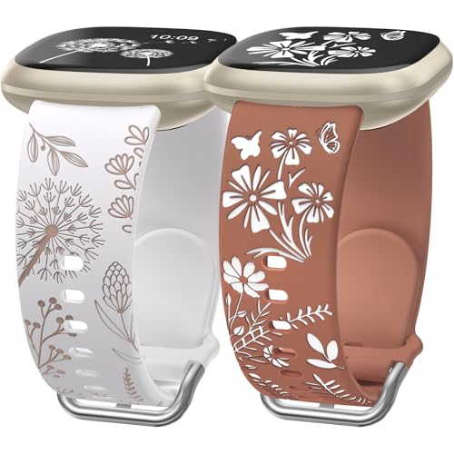 Wearlizer Paquete de 2 correas grabadas florales compatibles con correas Fitbit Versa 3/Versa 4/Sense 2/Sense, correas para mujer, bonita correa deportiva de silicona suave de dos tonos, luz de
