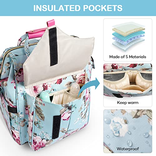 LitBear Diaper Bag Backpack, Large Capacity Multifunction Nappy Bags, Waterproof Baby Bag Floral Insulated Durable Travel Maternity Back Pack for Baby Girls with Diaper Pad Bottle Bag (Rose Flower ) - Thumbnail 4