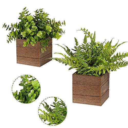 Vlorart Small Fake Plants, 2Pack Mini Potted Artificial Plastic Boxwood Fern Green Decorative Plant In Wooden Potted, Fake Desk Plant For Farmhouse Home Decor Office Bathroom Desk Room Indoor Outdoor #TOP2