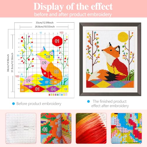 Image of Zhenqing Geometric Red Fox Stamped Cross Stitch Kit for Adults Beginners, 11CT Printed Cross Stitch on White Cotton Fabric, Woodland Animal DIY Needlework Home Decor (66158)
