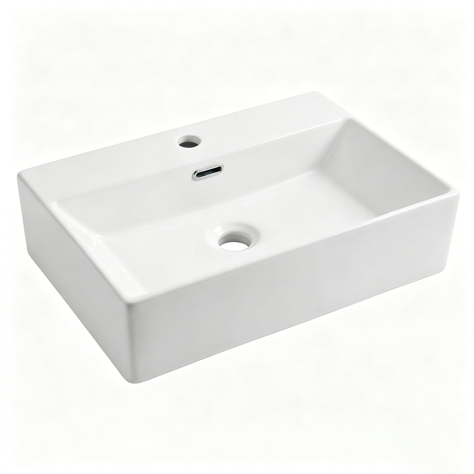 Wall Mounted Bathroom Sink, NOHALIPY Modern White Rectangular Porcelain Floating Vessel Sink with Overflow, Corner Mount Ceramic Bathroom Sink for RV, Restroom and Toilet, Easy to Install
