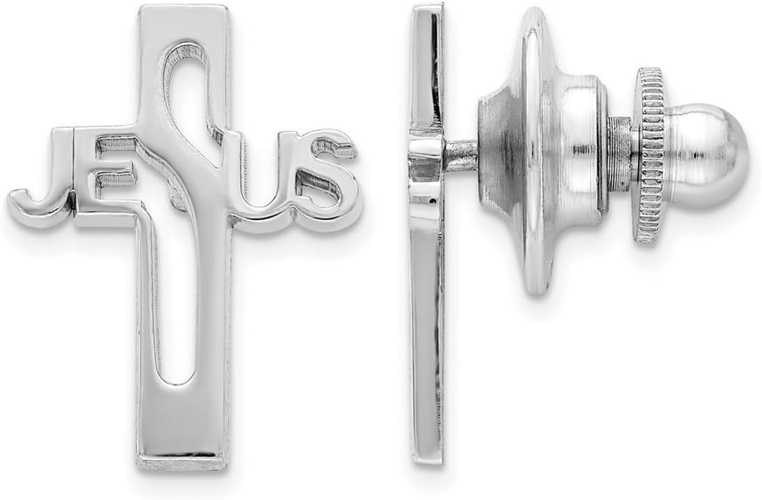 Jewelryweb - 925 Sterling Silver Jesus Cross Tie Tack Lapel Pin - Christian Gifts for Men - Suit Accessories