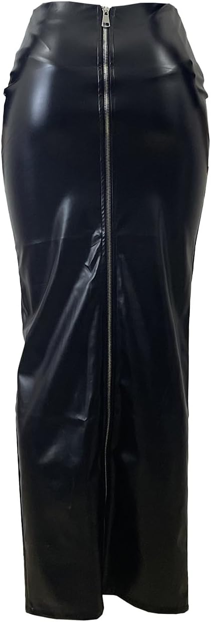 Women's Stretch Faux Leather Long Skirt with Double Zipper, Slim Fit, Black - Image 5