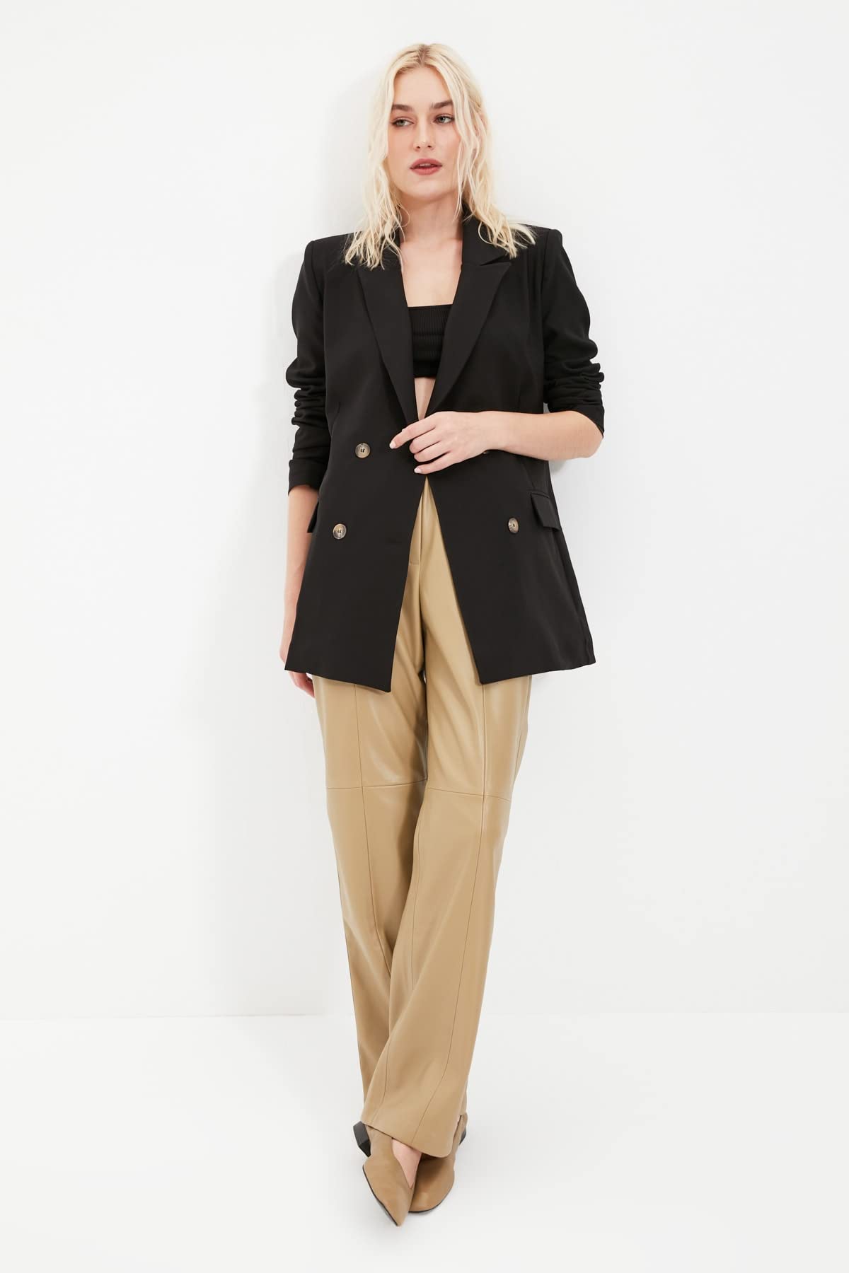 TRENDYOL Damen Übergroße Jacke Button Oversize Craissile Blazer Jacket, Black