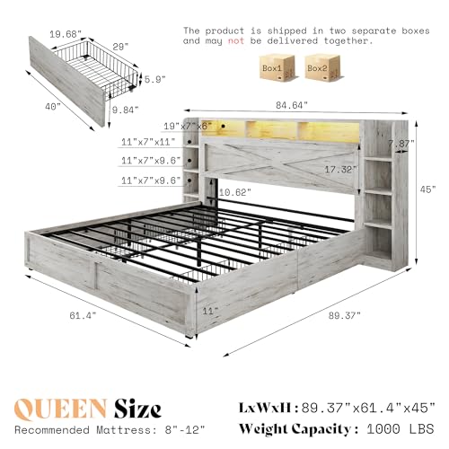 Image of AMERLIFE 45'' Farmhouse Queen Bed Frame with 4 Drawers, LED Bed Frame with Bookcase Headboard & Side Shelves, Wood Platform Bed with Charging Station, White