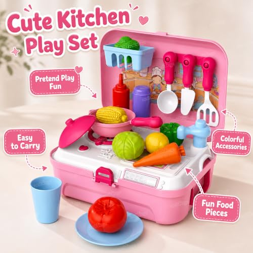 Image of Zest 4 Toyz Kitchen Set for Kids Girls Pretend Play Toys with Light and Sound Portable Trolley Cooking Set Early Educational Toys Kitchen Set 24 Pieces