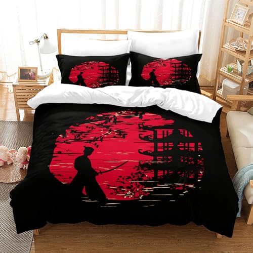 PORJDN Housse de Couette Japonais Parure de Lit Fermeture Éclair, Housse de Couette, samouraï Japonais, taie d'oreiller imprimée avec Branches de Fleurs...