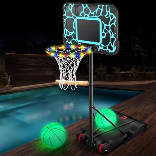 Pool Basketball Hoop Adjustable Swimming Pool Basketball - 7-Height Water Basketball Goals System with PC Shatterproof Backboard & 2 Balls, Outdoor Pool Accessories, Portable Basketball Hoop with LED