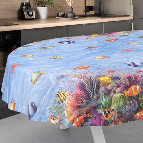 Wachstuch-Tischdecke Tischdecke abwaschbar Wachstuch Garten-Tischdecke Outdoor Indoor Oval 180x140cm Schnittkante Aquarium