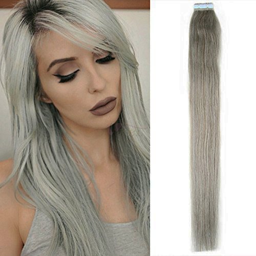 New Arrival Straight Tape in Remy Human Hair Extensions 100% Real Human Hair Gray Hair Extensions (20 inch, Silver Gray)