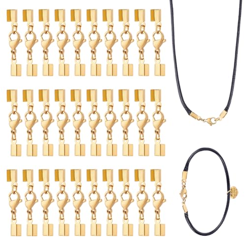 PH PandaHall 30pcs 18K Gold Plated Cord End Caps with Lobster Clasp Stainless Steel Jewelry Connectors 3.2cm Length 3.5mm Inner Diameter for Bracelet Necklaces Making Birthday Gifts Jewelry Supplies
