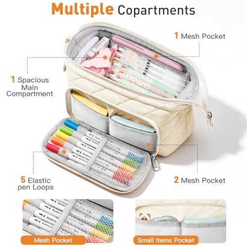 Image of Zannaki Soft Quilted Large Pencil Pouch Organizer with Wide Opening for Boys Girls Teens - Extra Big Capacity Pen Pencil Bag with Zipper, Portable Pencil Case Box for School, College, Cosmetic Gift