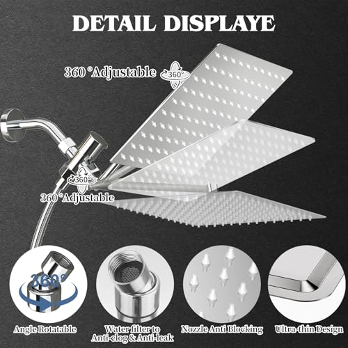 Image of 12 Inch Shower Head, Rain Shower Head with Adustable Extension Arm, Detachable Silver Rina Shower Head with Handheld Spray, High Pressure Shower Hose with Holder in Bathroom(Silver)
