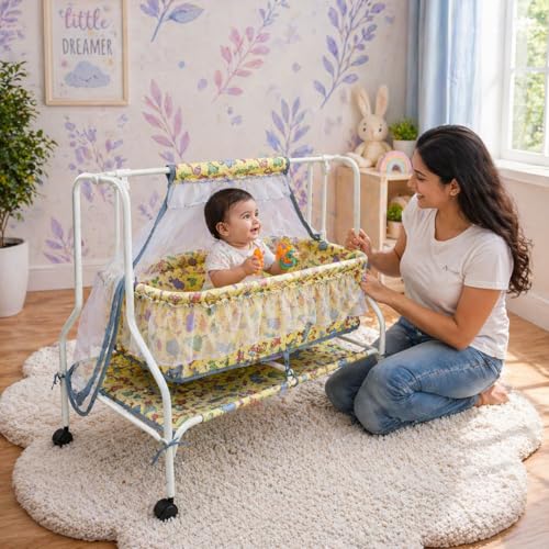 Image of Kiddery Diana | Cradle for Baby | New Improved Mattress Design | Mosquito Protection Net | Smooth Swing | All Wheel Lock | Palna | Jhula | Uyyala| 0-10 Months | Yellow
