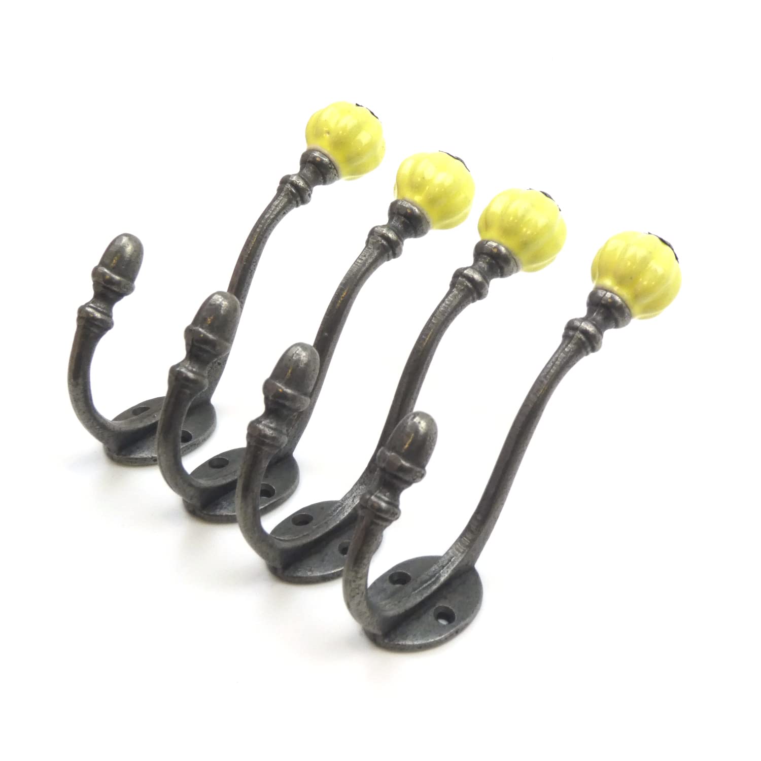 Oakcrafts Yellow - Ceramic Tipped Shabby Chic Cast Iron Coat Hook 125Mm (Yellow) - Pack Of 4 Hooks