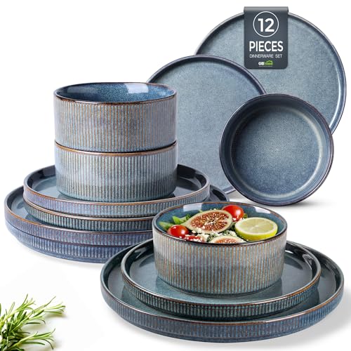 GBhome Juego de vajilla de cerámica para 4 personas, juego de platos y cuencos hechos a mano de esmalte reactivo, resistente a los arañazos, apto para lavavajillas y microondas, azul espacial GBhome Juego de vajilla de cerámica para 4 personas, juego de platos y cuencos hechos a mano de esmalte reactivo, resistente a los arañazos, apto para lavavajillas y microondas, azul espacial