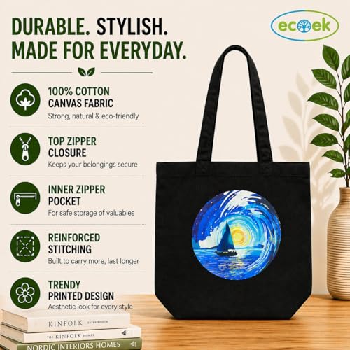 Image of Canvas Tote Bag for Women with Zipper & Pocket(Pack of 1) | Stylish Cotton Handbags for College | Aesthetic Tote Bag for Office, Shopping, Travel, Beach & Daily use