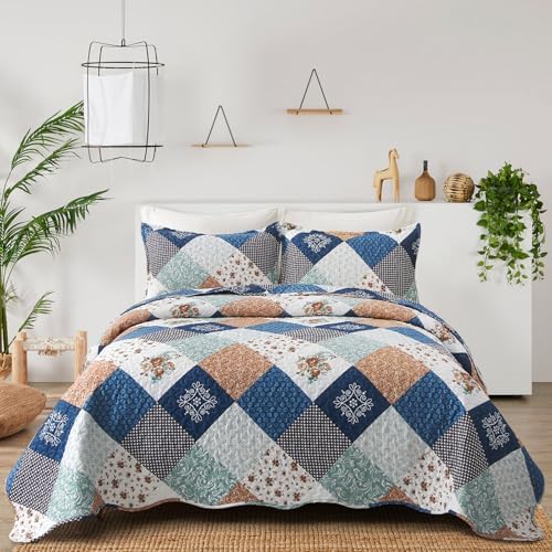 Dinjoy Boho Quilt Set Queen Size, Patchwork Floral Bedspreads, Blue