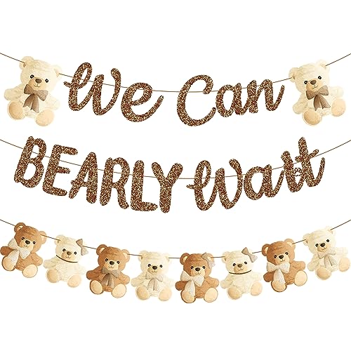 Image of umoni Teddy Bear Banner, We Can Bearly Wait, Brown Glitter, Baby Shower Decorations, Gender Reveal Party Supplies, 19.0x70.0 inches