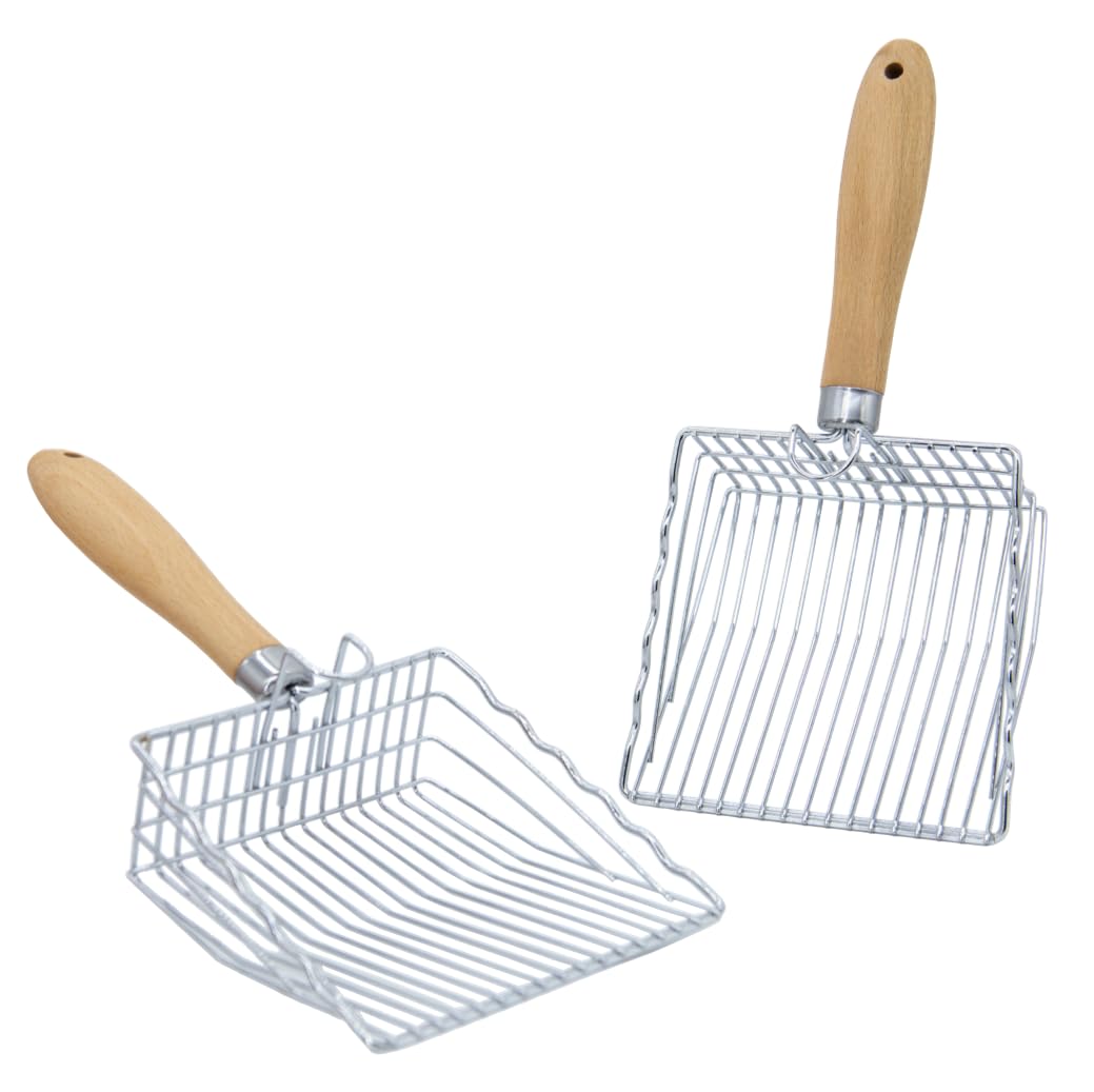 2 Pack Metal Cat Litter Scoops, Heavy-Duty Kitty Scooper with Hook, Stainless Steel Kitten Poop Lifter for Litter Box, Speed Sifter with Comfortable Beech Wood Grip
