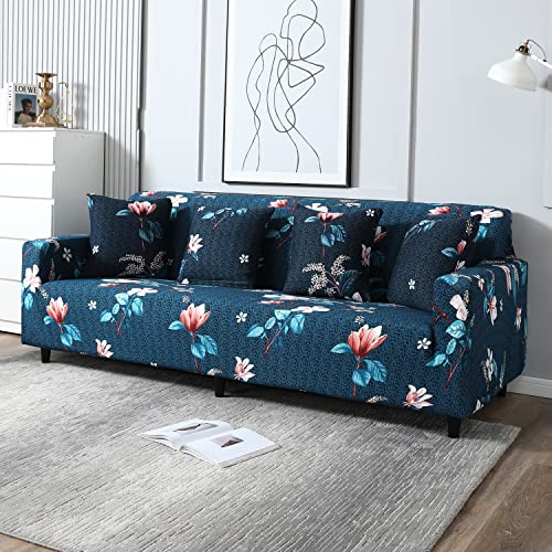 Image of HOKIPO 95% Polyester, 5% Spandex Elastic Stretchable Universal Sofa Cover 4 Seater, Blue Mixed Flowers (AR-4096-D2)