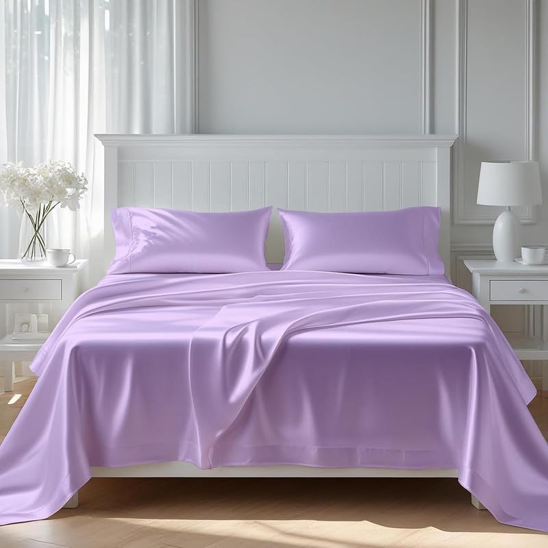 Image of Day Care-Luxury Satin Flat Double Bed (90x100 Inchs) Bedsheet|Ultra Soft Silky Smooth Touch|Breathable, Lightweight & Skin Friendly|Wrinkle Resistant|Levender