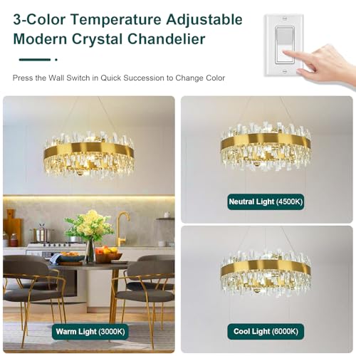 Image of AioTio Modern Crystal Chandelier, D23.6'' Brass Round K9 Crystal Gold Raindrop Chandelier for Dining Room, 12 Lights Luxury Ceiling Pendant Light Fixture for Living Room, Bedroom,Kitchen Island