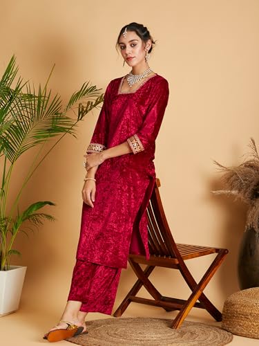 Image of Women's Velvet Floral Embroidered Straight Kurta | Round Neck Three-Quarter Sleeve Calf Length Kurti with Thread Work