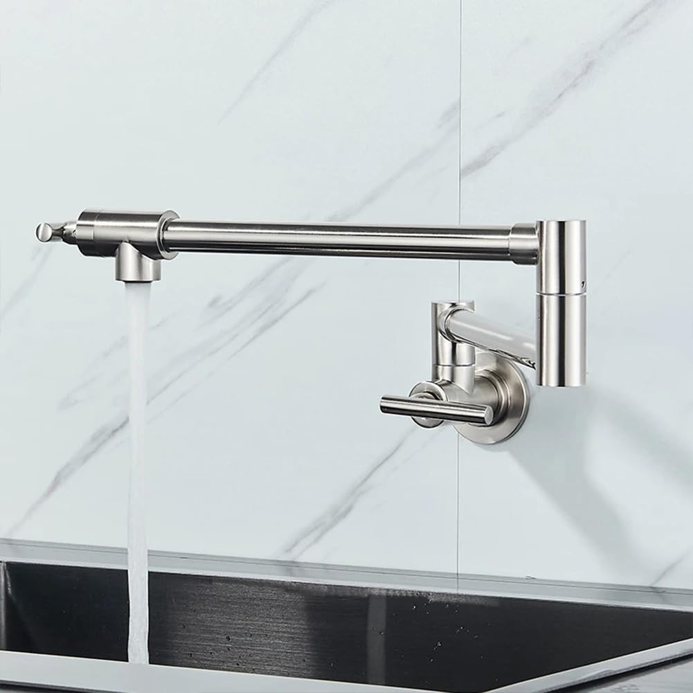 Grifo Cocina De Pared Grifo Cocina Fregadero, Solo Agua Fría, Llenado De Ollas, Latón Doble Mango Giratorio A 360° Plegable Griferia De Cocina, Cepillado