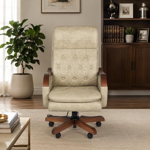 Image of Lakdi Premium Executive Revolving Office Chair | Tufted Leatherette Upholstery | Wooden Armrests & Base | Ergonomic High Back Director Chair | 5 Year Warranty | Free Assembly