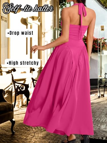 Image of ChiaoLezhee Deep V Neck Dress, Halter Maxi Dresses, Vacation Date Night, Sexy for Women Corset Flowy Wedding Guest Drop Waist