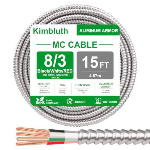 8/3 Metal Clad (MC) Cable with Ground 15ft, 8 Gauge Electric Wire with Aluminum Armor, Solid Bare Copper Conductors for Indoor Outdoor Underground Embedded Installation (8/3, 15 FT)