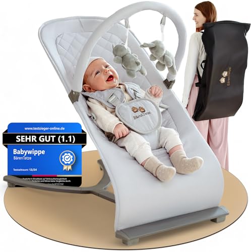 BärenTatze Babywippe Neugeborene ab Geburt, Ergonomisch, Höhenverstellbar mit Spielbogen und Aufbewahrungstasche, Babyschaukel, Baby-Bouncer, Swing, Wiege, Rocker | Graues Steppmuster