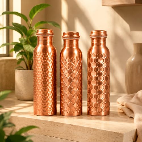 Image of Copper Water Bottle Pure, Set of 3 with Hammered, Diamond & Honeycomb | 100% Pure Copper, Hammered /Diamond /Honeycomb Textures, Copper Finish, Leak-Proof Screw-Top, Wide Mouth, Handcrafted