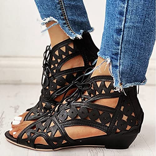 Pointed Toe Chunky Heeled Sandals for Women, Gladiator Sandals Flat Summer Beach Sandals Lace Up Boho Cutout Roman Sandals4