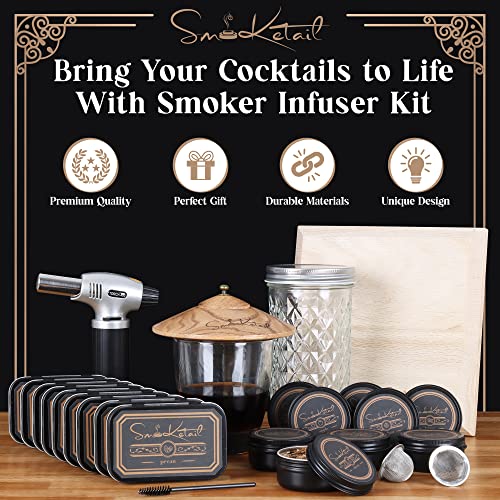 Smoketail Cocktail Smoker Kit With Torch, Topper, 9 Flavors And 18 Large And Small Wood Chips - Whiskey Smoker Kit, Old Fashioned Smoker Kit, Bourbon Smoker Kit, Drink Smoker (No Butane) #TOP1
