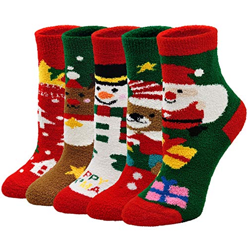 ZAKASA Womens Xmas Fuzzy Winter Slipper Socks Girls Cute Soft Fleece-lined Cozy Warm Bed Socks For Christmas Gift (5 pack)