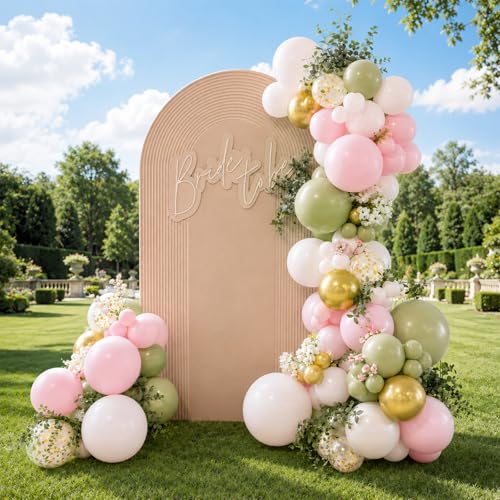 Image of Pink and Green Balloons, 50 Pcs 12 Inch Sage Green Pink White Metallic | Gold Baby in Bloom Balloons for Boho Baby Shower Jungle Woodland Floral Fairy First Birthday Wedding Party Decorations