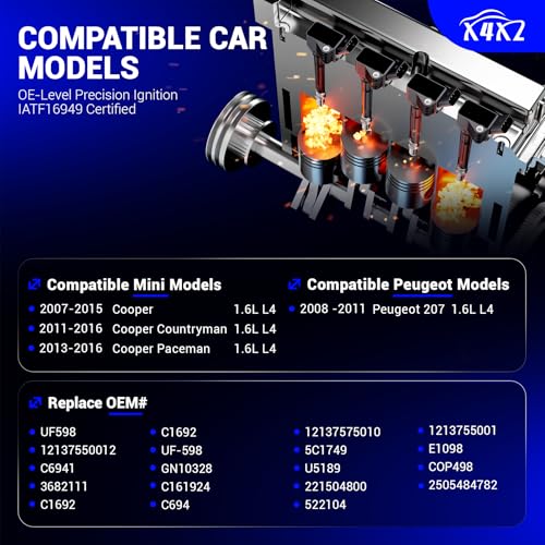 Image of UF598 Ignition Coils & 97968 Double Iridium Spark Plugs for Mini Cooper | Countryman 2011-16, Mini Cooper 2007-15, Mini Cooper Paceman 2013-16,Peugeot 207 08-11 1.6L L4 Replace# C1692 GN10328 5C1749