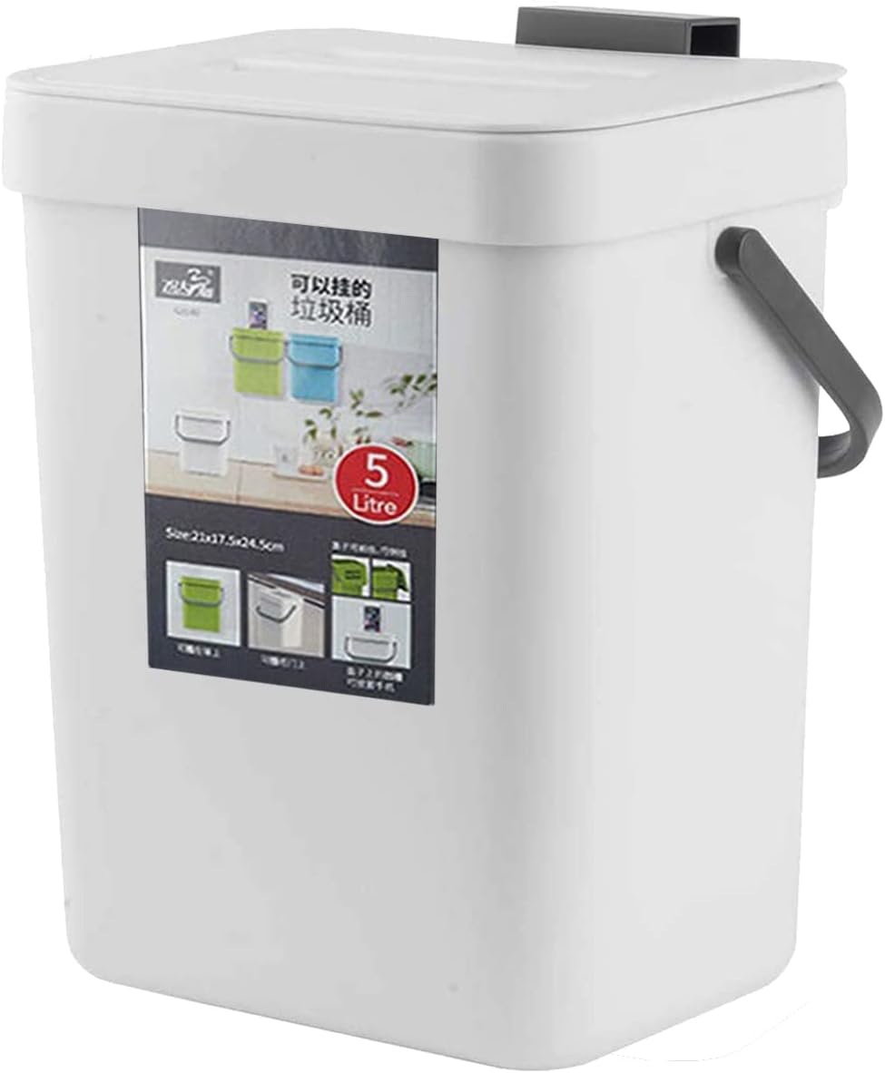 Small Trash Can with Lid Mini Kitchen Hanging Trash Can Tightly Sealed Odor Free, Small Countertop Compost Bin for Scraps from Daily Cooking, Mountable Trash Bin for Kitchen Counter, 5L/1.3 White