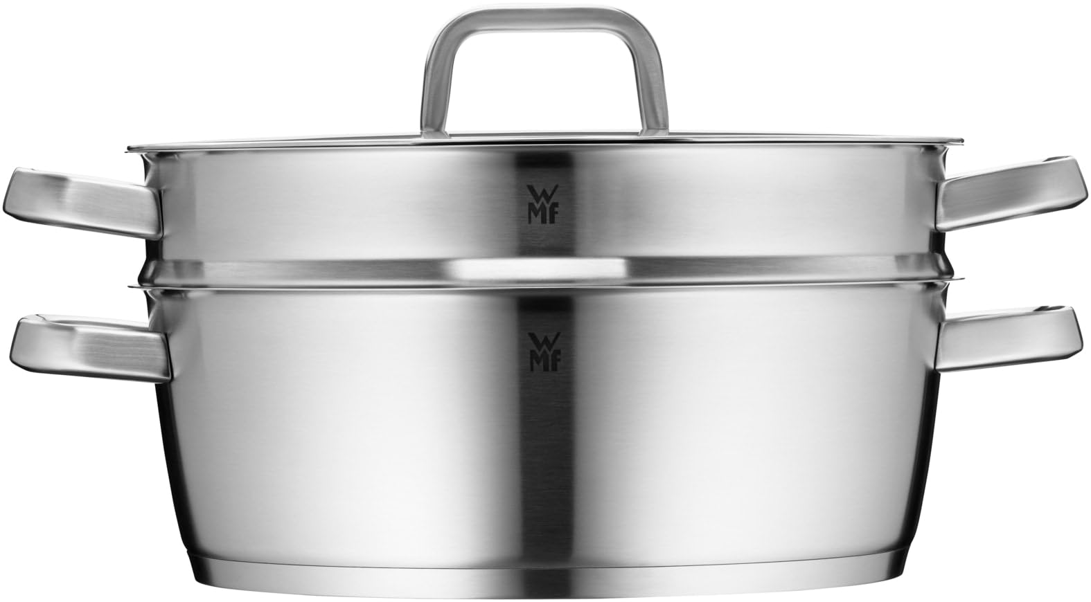 WMF Iconic brytfanna z wkładem do gotowania na parze 28 cm, garnek do duszenia indukcyjnego 5,7 l, duży garnek do gotowania, polerowana stal nierdzewna Cromargan, niepowlekana