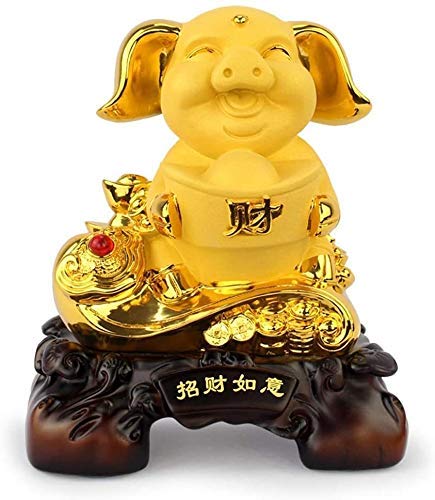 Sculpture cochon Feng Shui en résine dorée zodiaque chinois
