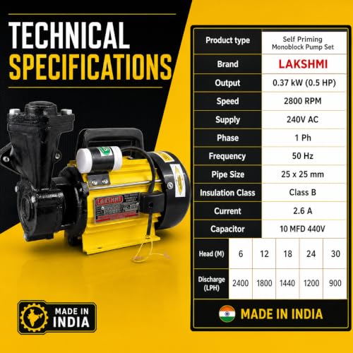Image of LAKSHMI 0.5 HP Self Priming Monoblock Water Pump | Single Phase 240V | 2800 RPM | 25 x 25 mm | Head 6-30 m | 900-2400 LPH | Domestic Water Supply Pump